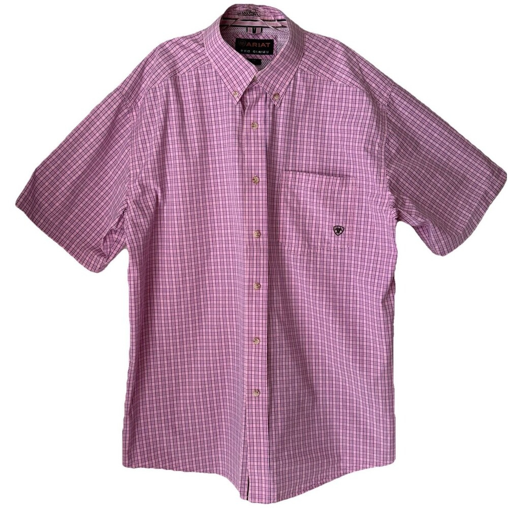 Ariat Pro Series Shirt Men L Pink‎ Plaid Button Down Short Sleeve Chest Pocket